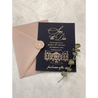 Navy blue and Rose gold foil Save The Dates with Custom wedding Venue illustration