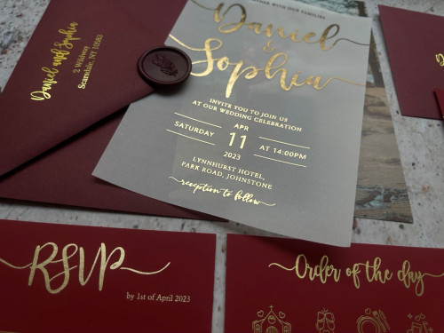 Sample of Burgundy Photo Foiled Vellum Wedding Invitations